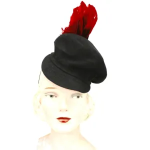 Vintage Womens Doll Hat 1930s Black Felt Fascinator Red Feather Accent WW2