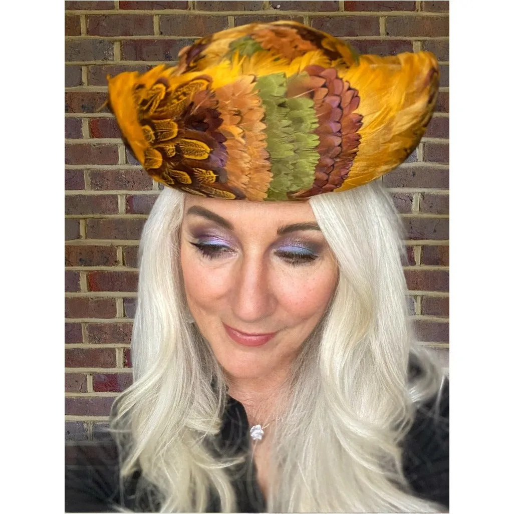 Vintage Womens Feather Pheasant Hat Stunning Gold Breton 21" 1950s Marvelous Maisel