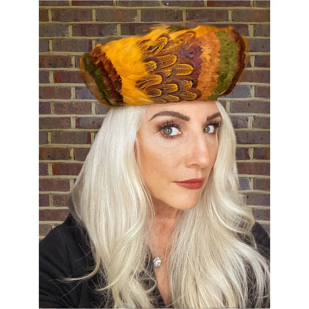Vintage Womens Feather Pheasant Hat Stunning Gold Breton 21" 1950s Marvelous Maisel