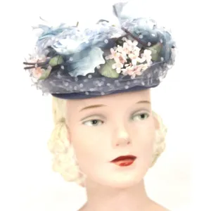 Vintage Womens hat 1940s Frank Palma Jr. Pillbox Blue Garden Party  Flowers O/S