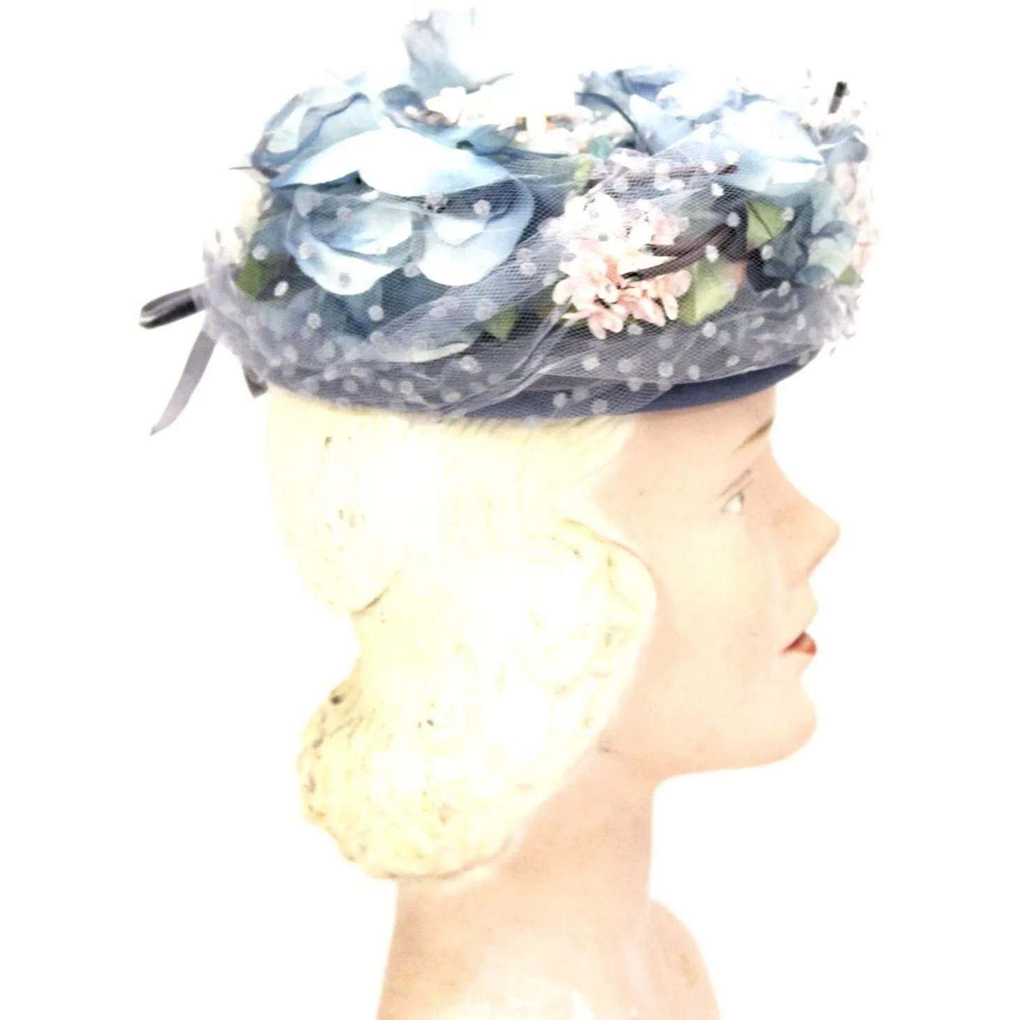 Vintage Womens hat 1940s Frank Palma Jr. Pillbox Blue Garden Party  Flowers O/S