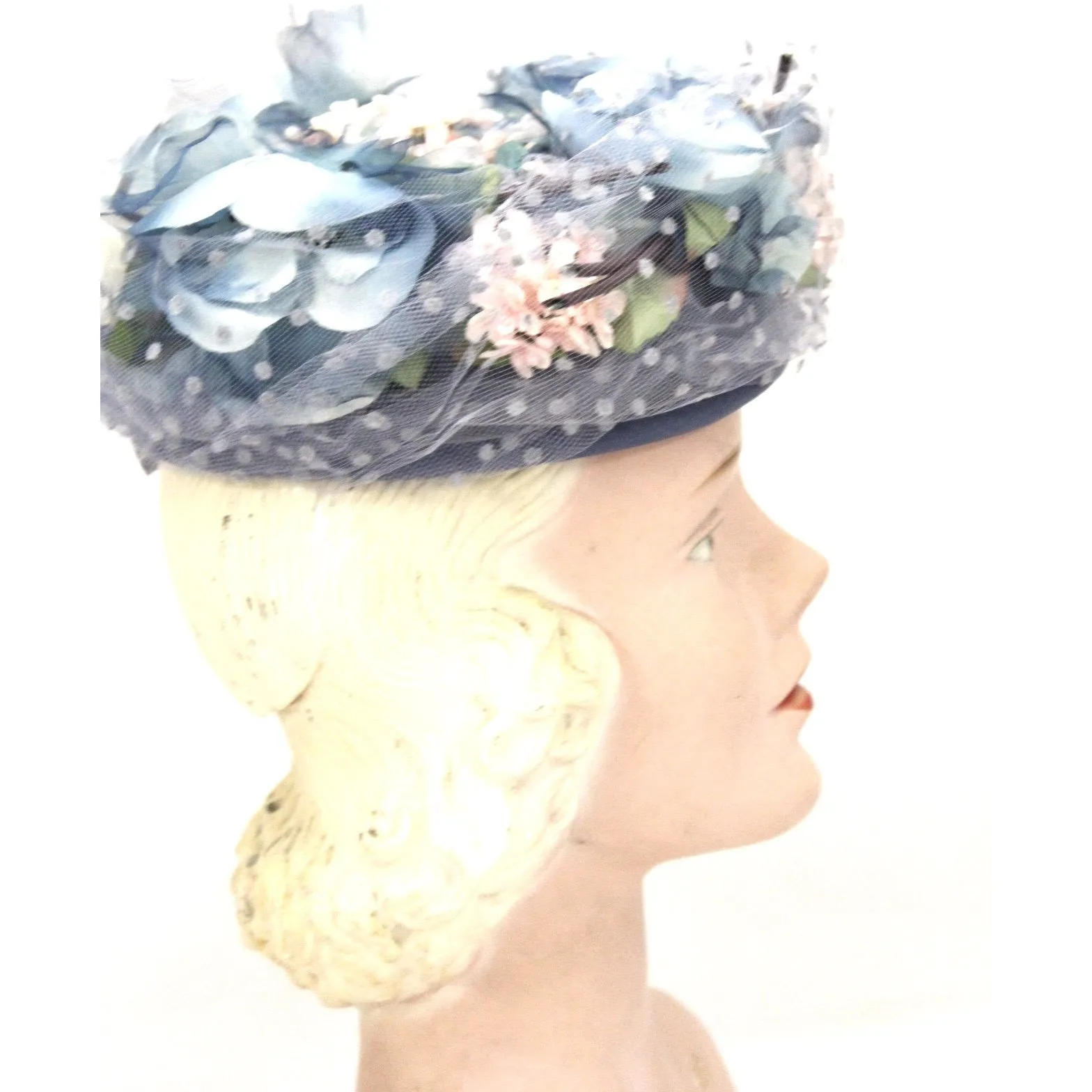 Vintage Womens hat 1940s Frank Palma Jr. Pillbox Blue Garden Party  Flowers O/S