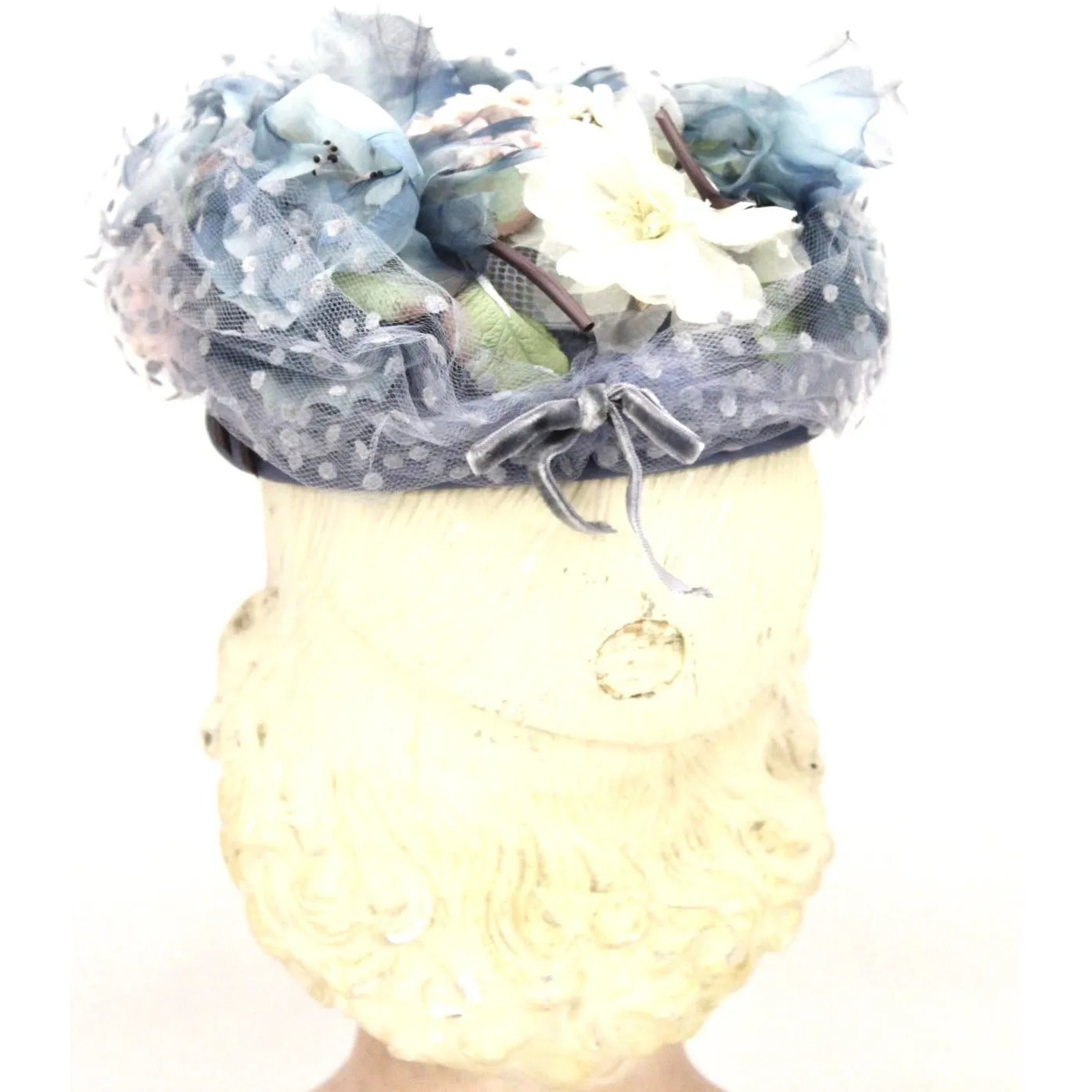 Vintage Womens hat 1940s Frank Palma Jr. Pillbox Blue Garden Party  Flowers O/S