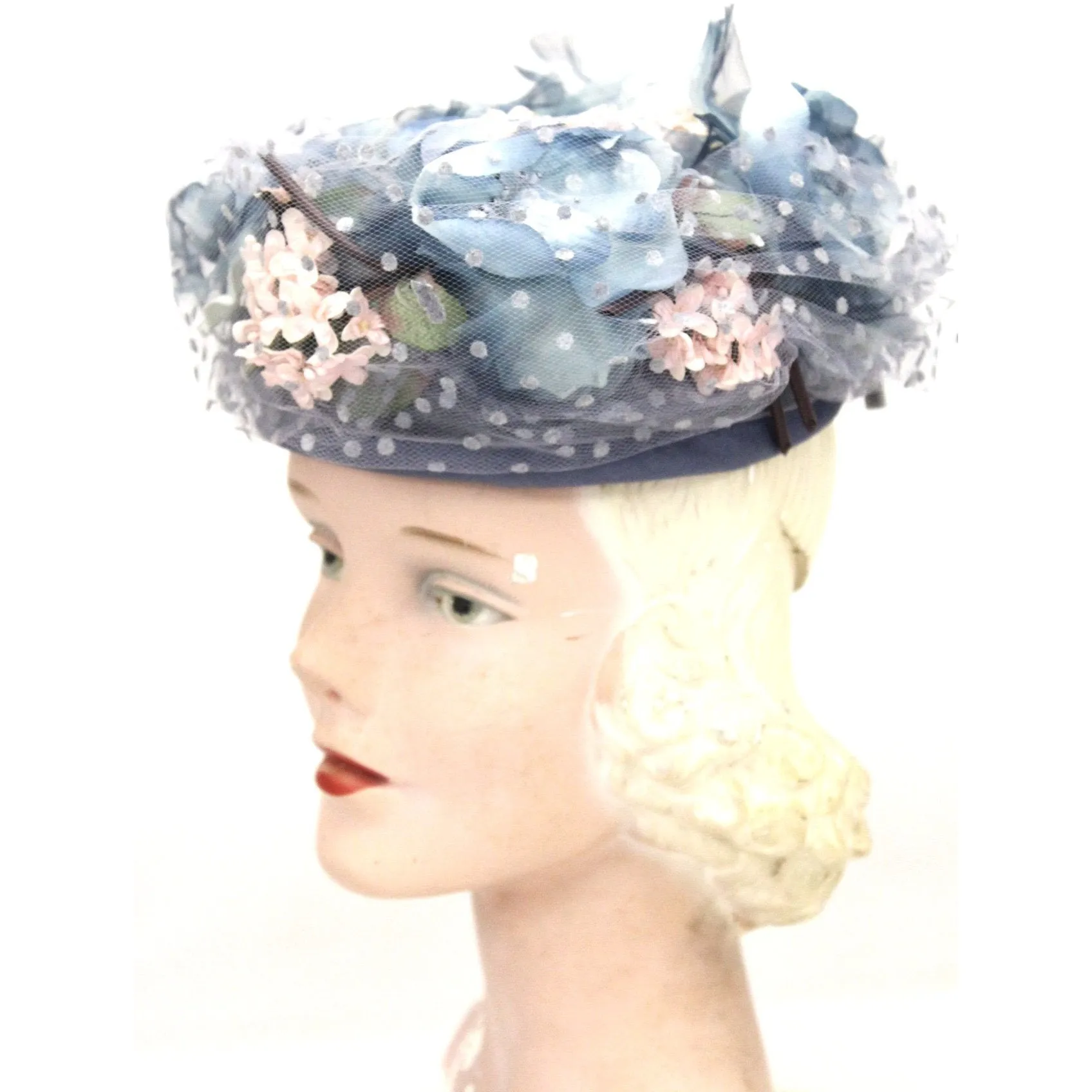 Vintage Womens hat 1940s Frank Palma Jr. Pillbox Blue Garden Party  Flowers O/S