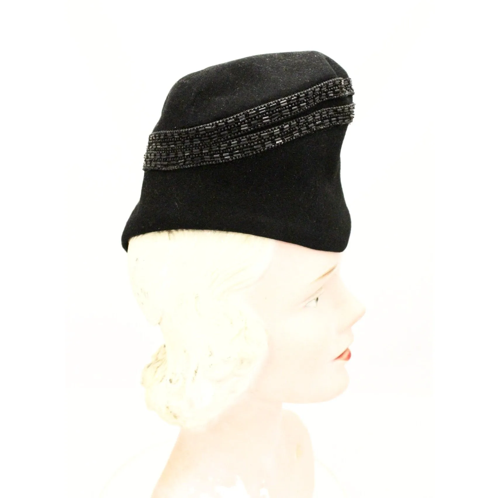 Vintage Womens Hat Military Style 1930s Black Velour Beaded  New York Creation The Heinz Store