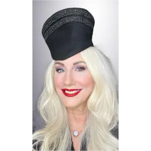 Vintage Womens Hat Military Style 1930s Black Velour Beaded  New York Creation The Heinz Store