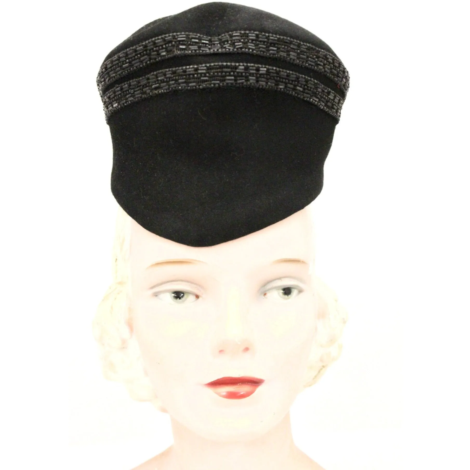 Vintage Womens Hat Military Style 1930s Black Velour Beaded  New York Creation The Heinz Store