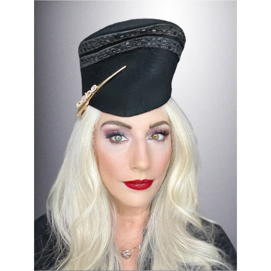 Vintage Womens Hat Military Style 1930s Black Velour Beaded  New York Creation The Heinz Store