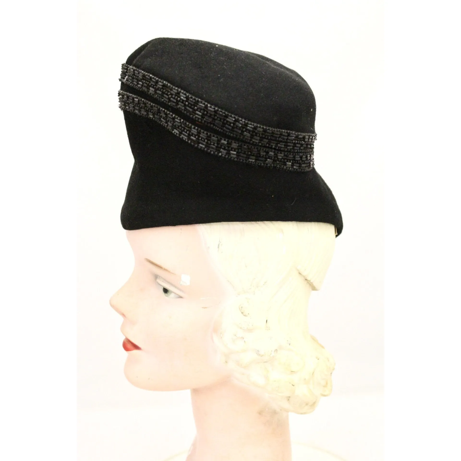 Vintage Womens Hat Military Style 1930s Black Velour Beaded  New York Creation The Heinz Store