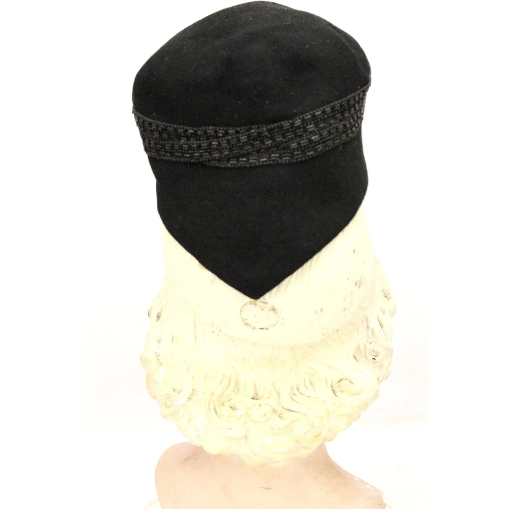 Vintage Womens Hat Military Style 1930s Black Velour Beaded  New York Creation The Heinz Store