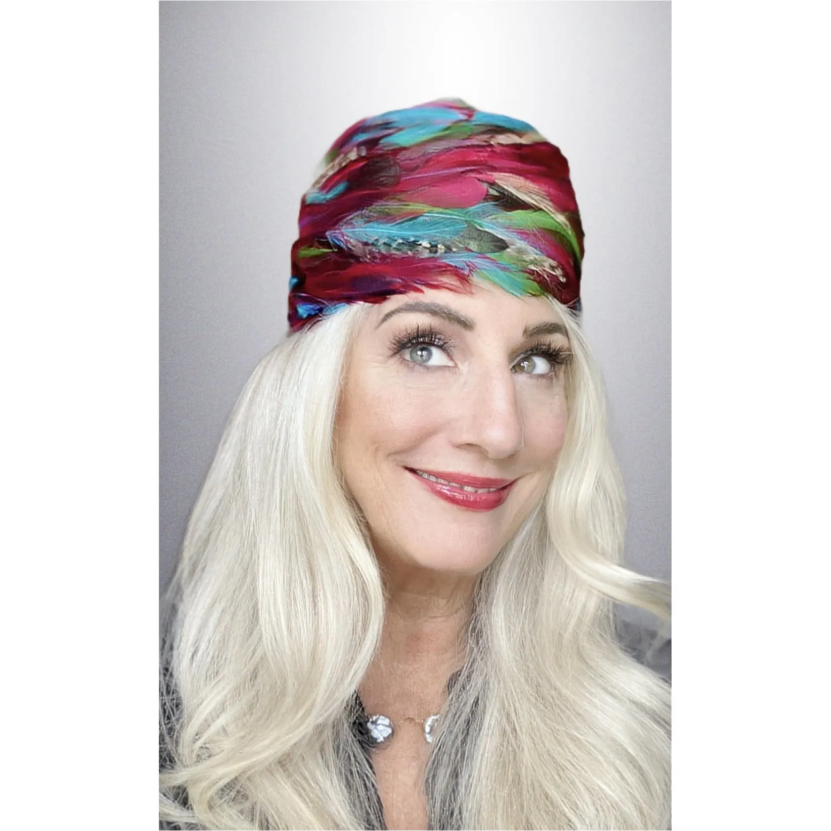 VTG 1950s Pheasant Feather Cloche Red Turquoise Green Church Stunning Large