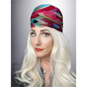 VTG 1950s Pheasant Feather Cloche Red Turquoise Green Church Stunning Large