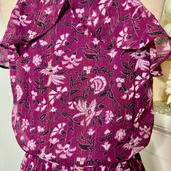 White House Black Market Hi Low Maxi Dress Purple Floral Ruffle Sleeveless 4