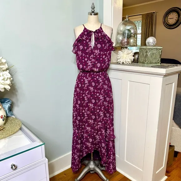 White House Black Market Hi Low Maxi Dress Purple Floral Ruffle Sleeveless 4