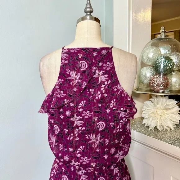 White House Black Market Hi Low Maxi Dress Purple Floral Ruffle Sleeveless 4