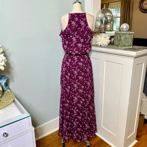 White House Black Market Hi Low Maxi Dress Purple Floral Ruffle Sleeveless 4