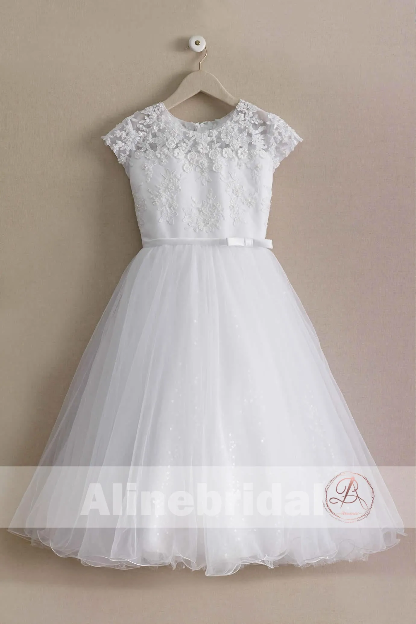 White Lace Sequin Tulle Bottom Cap Sleeve A-line Vintage Flower Girl Dresses, FGS096