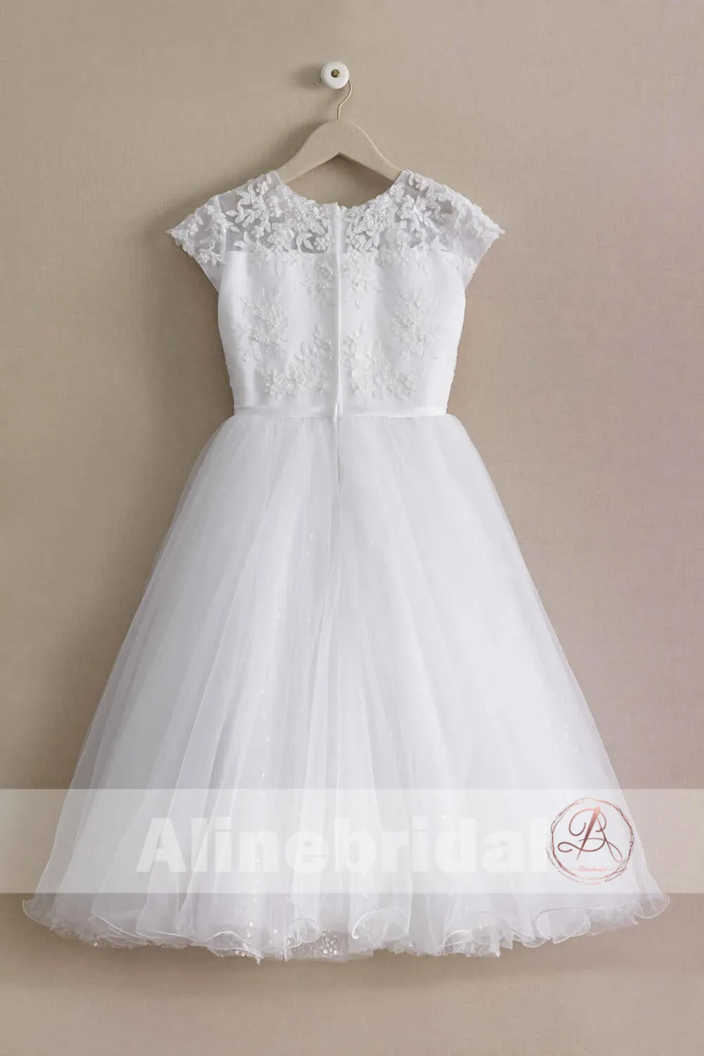 White Lace Sequin Tulle Bottom Cap Sleeve A-line Vintage Flower Girl Dresses, FGS096