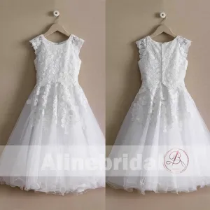 White Lace Tulle Cap Sleeve Round Neck Vintage Flower Girl Dresses, FGS095