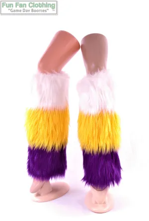 White, Purple & Yellow Faux Fur Legwarmers  Tricolor - Game Day Booties