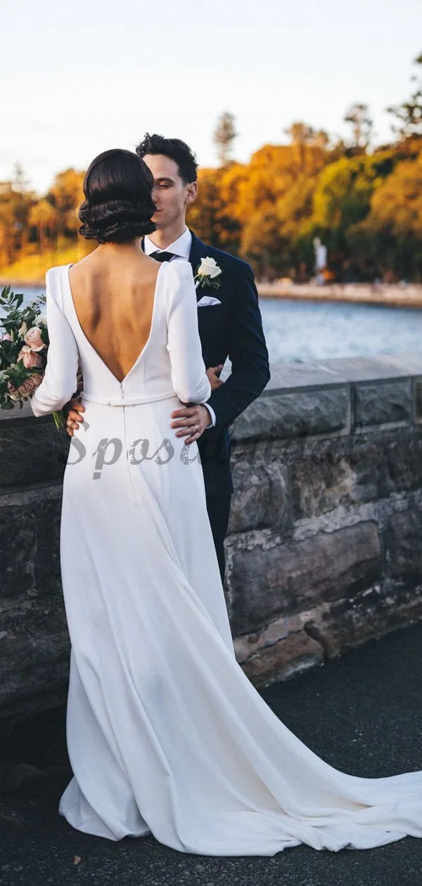 White Satin Long Sleeve V-neck With Train Simple Wedding Dresses WD370