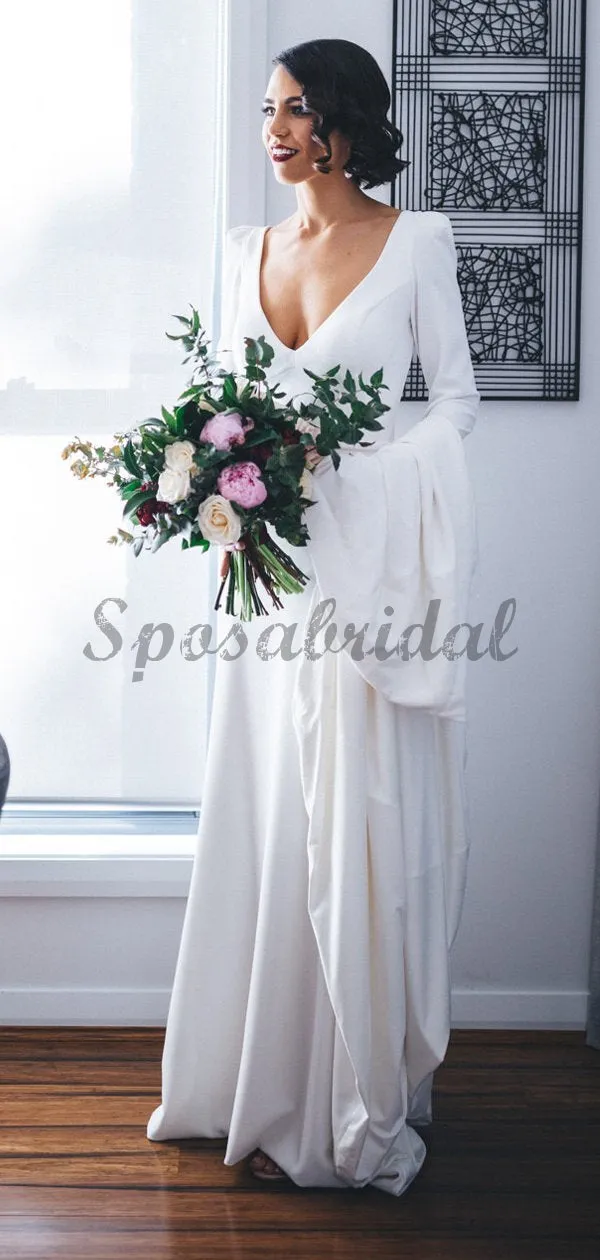White Satin Long Sleeve V-neck With Train Simple Wedding Dresses WD370