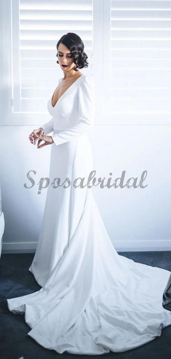 White Satin Long Sleeve V-neck With Train Simple Wedding Dresses WD370