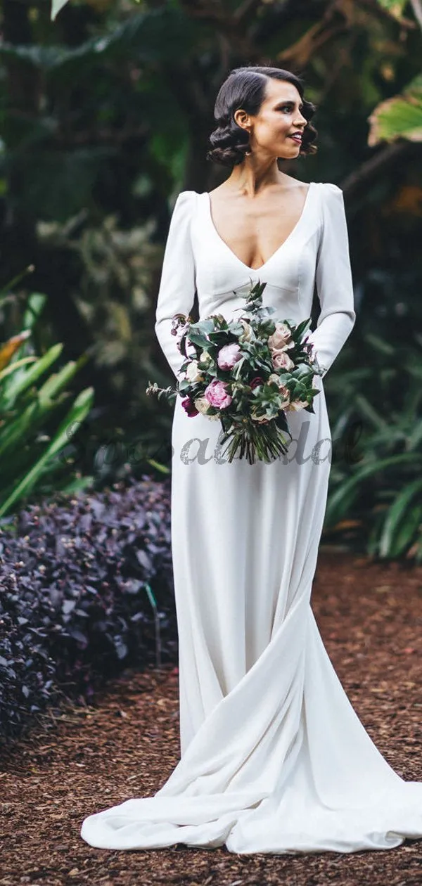 White Satin Long Sleeve V-neck With Train Simple Wedding Dresses WD370