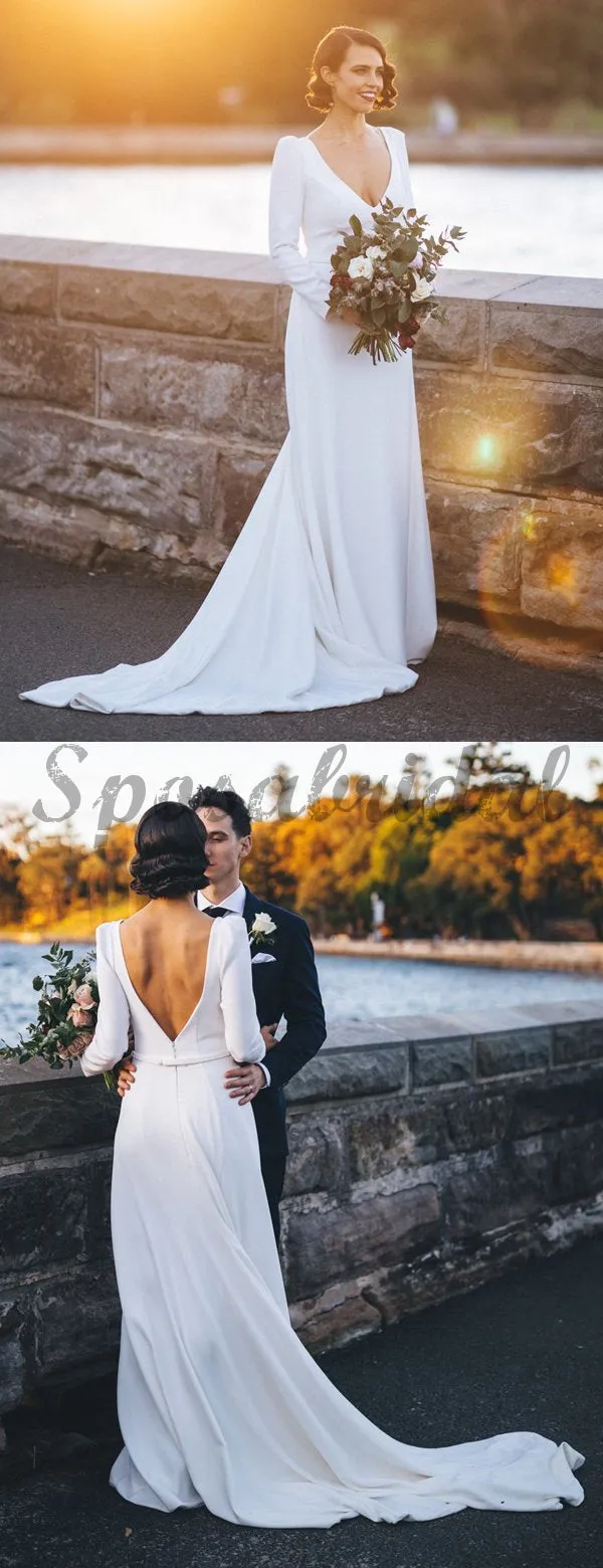 White Satin Long Sleeve V-neck With Train Simple Wedding Dresses WD370