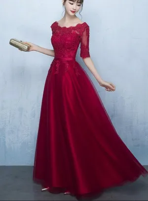 Wine Red 1/2 Sleeves Lace and Tulle Party Dress, Charming Dark Red Formal Gowns