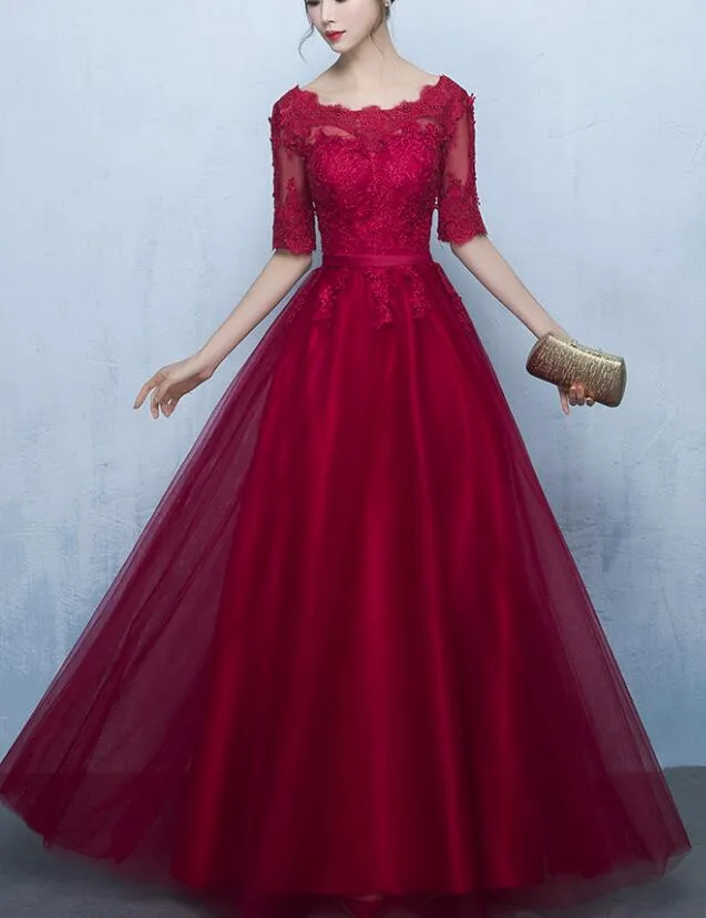 Wine Red 1/2 Sleeves Lace and Tulle Party Dress, Charming Dark Red Formal Gowns