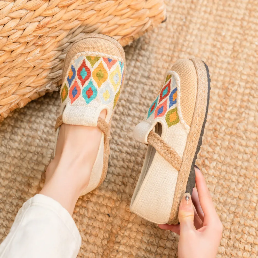 Women Ethnic Print Linen Flat Shoes