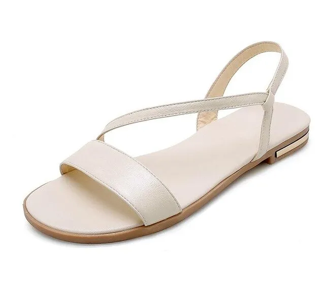 Women Sandals Flat Heel Champagne Cow Leather PU Round Open-toed Soft-soled Anti-skid Shoes Summer
