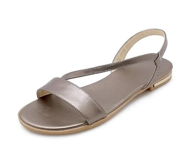 Women Sandals Flat Heel Champagne Cow Leather PU Round Open-toed Soft-soled Anti-skid Shoes Summer