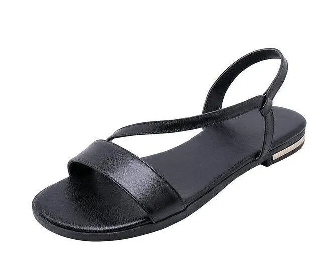 Women Sandals Flat Heel Champagne Cow Leather PU Round Open-toed Soft-soled Anti-skid Shoes Summer