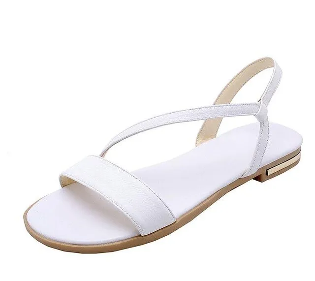 Women Sandals Flat Heel Champagne Cow Leather PU Round Open-toed Soft-soled Anti-skid Shoes Summer