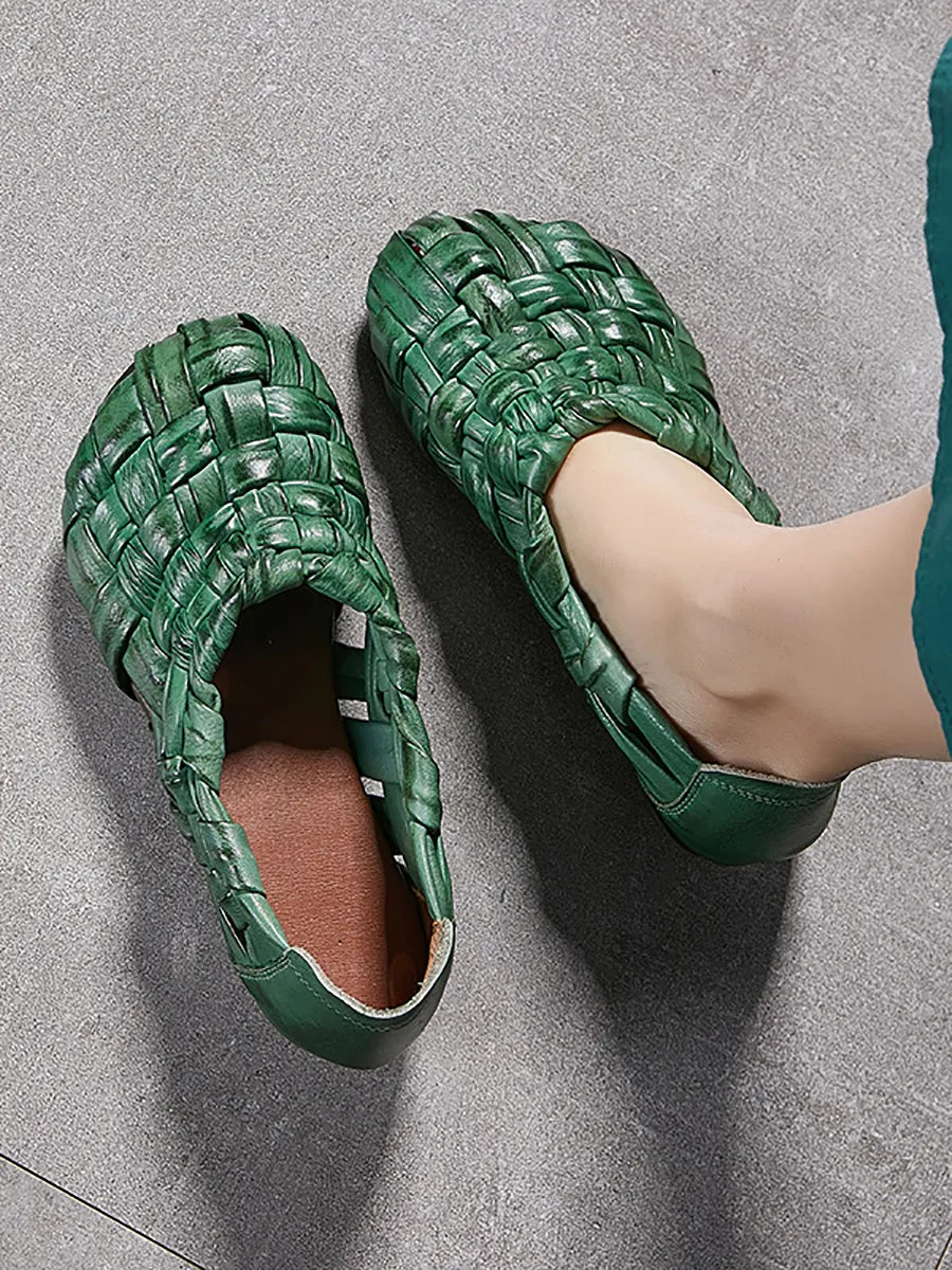 Women Summer Casual Leather Weave Low Heel Shoes