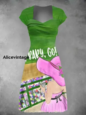 Women's Derby Day Art Print Short Sleeve Vintage Midi Dress