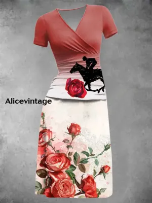Women's Derby Rose Art Print Short Sleeve Vintage Midi Dress