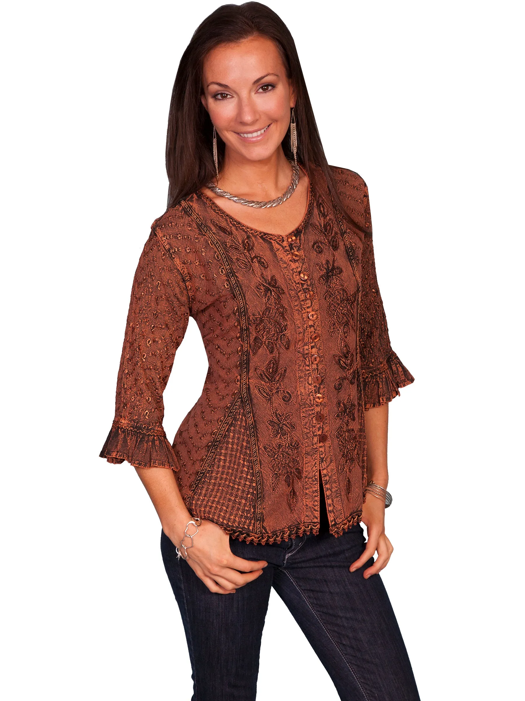 Women's Honey Creek Collection Blouse: Embroidered 3/4 Sleeves
