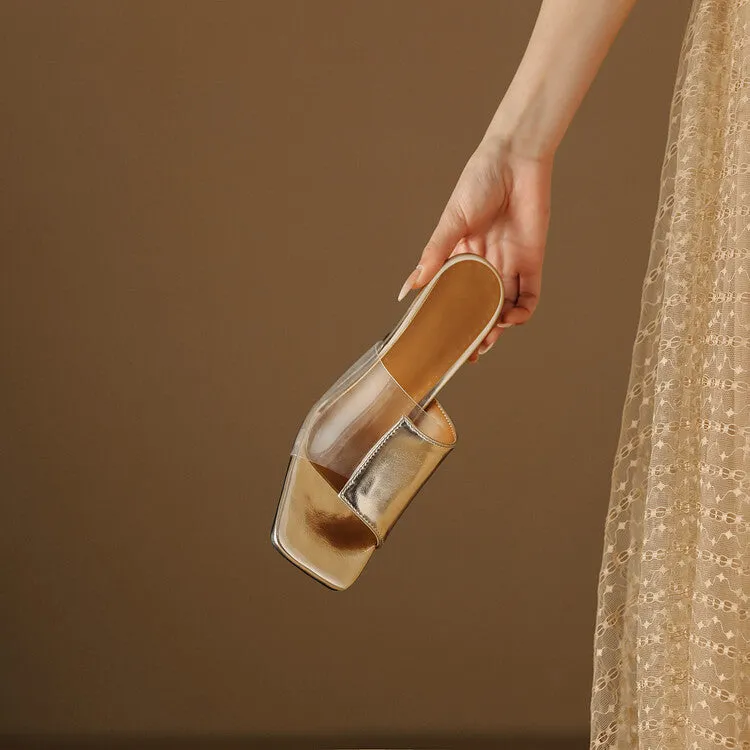 Women's Metal Patent Clear Spool Heel Slip On Slides Sandals