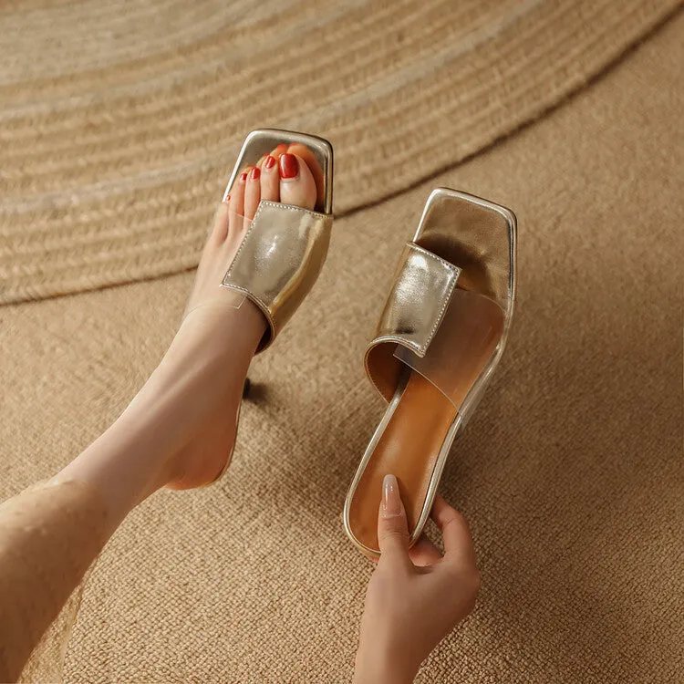 Women's Metal Patent Clear Spool Heel Slip On Slides Sandals