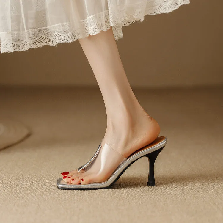 Women's Metal Patent Clear Spool Heel Slip On Slides Sandals