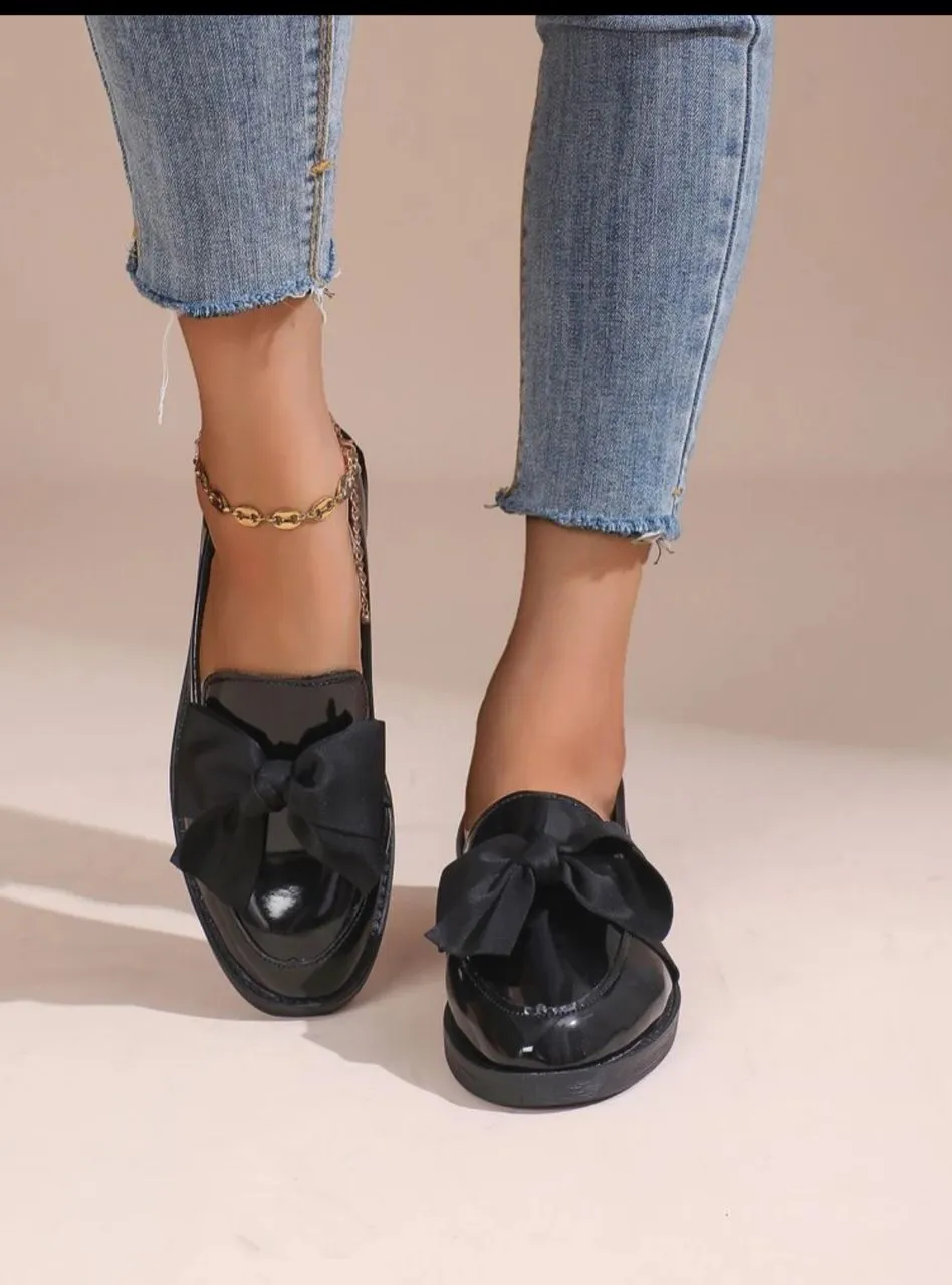 Women's Round-Toe Flat Loafers With Bow Decoration, Black
