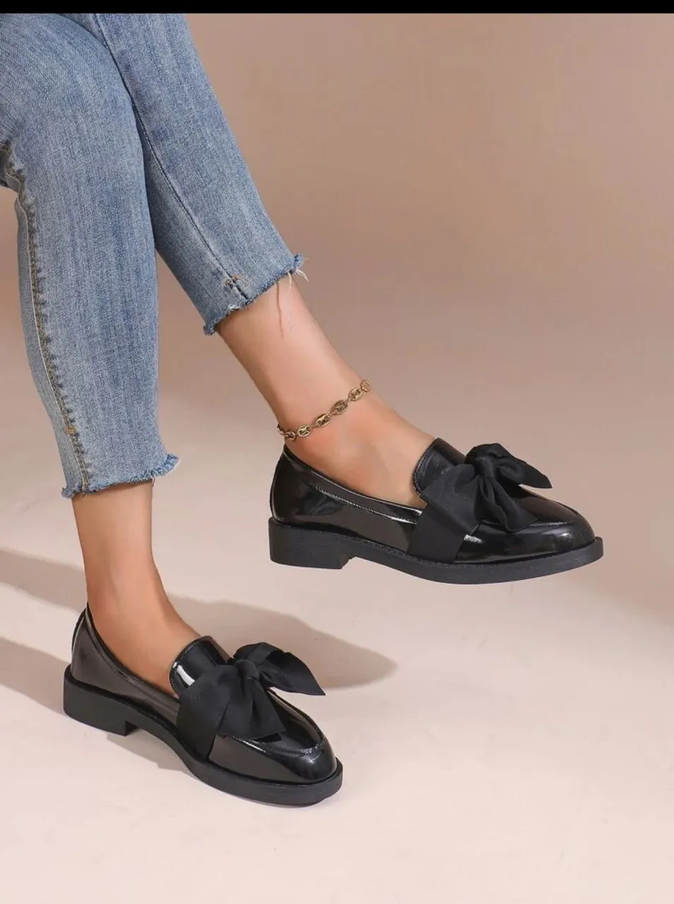 Women's Round-Toe Flat Loafers With Bow Decoration, Black