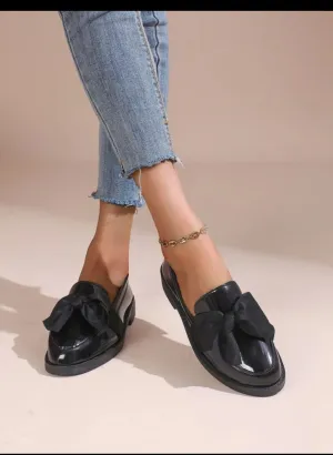 Women's Round-Toe Flat Loafers With Bow Decoration, Black