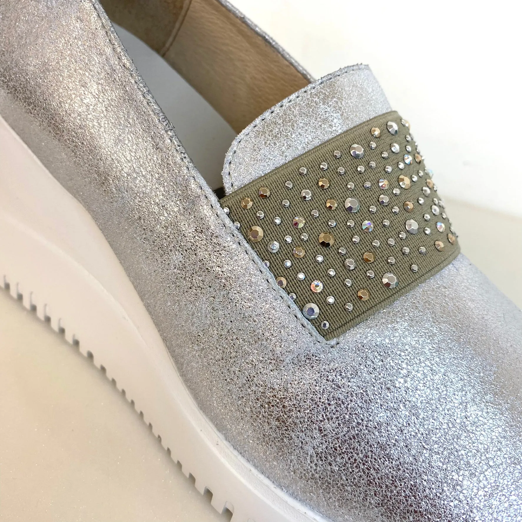 Wonders Silver Leather Slip On Wedge Shoes