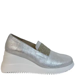 Wonders Silver Leather Slip On Wedge Shoes